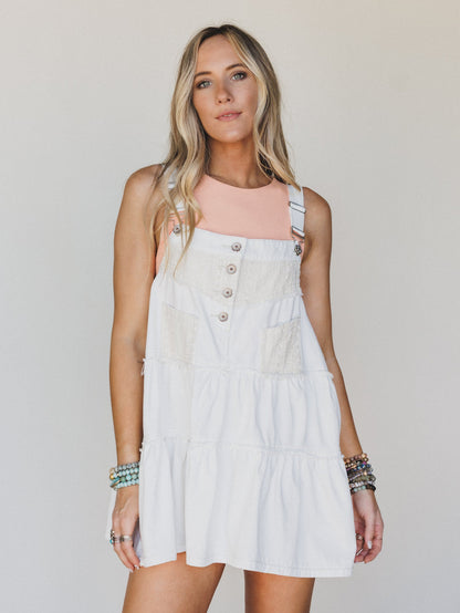 Petal Pockets Crochet Denim Dress - White
