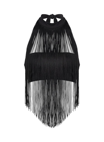 Zephyrine Fringe Asymmetrical Halter Top Black