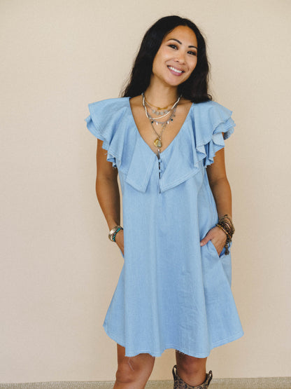 Chambray Daydream Flutter Sleeve Dress - Light Denim
