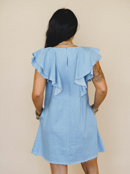 Chambray Daydream Flutter Sleeve Dress - Light Denim