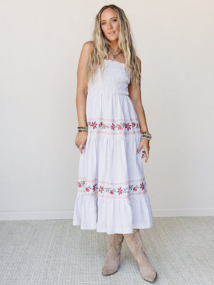 Garden Nomad Embroidered Dress - Off White Taupe