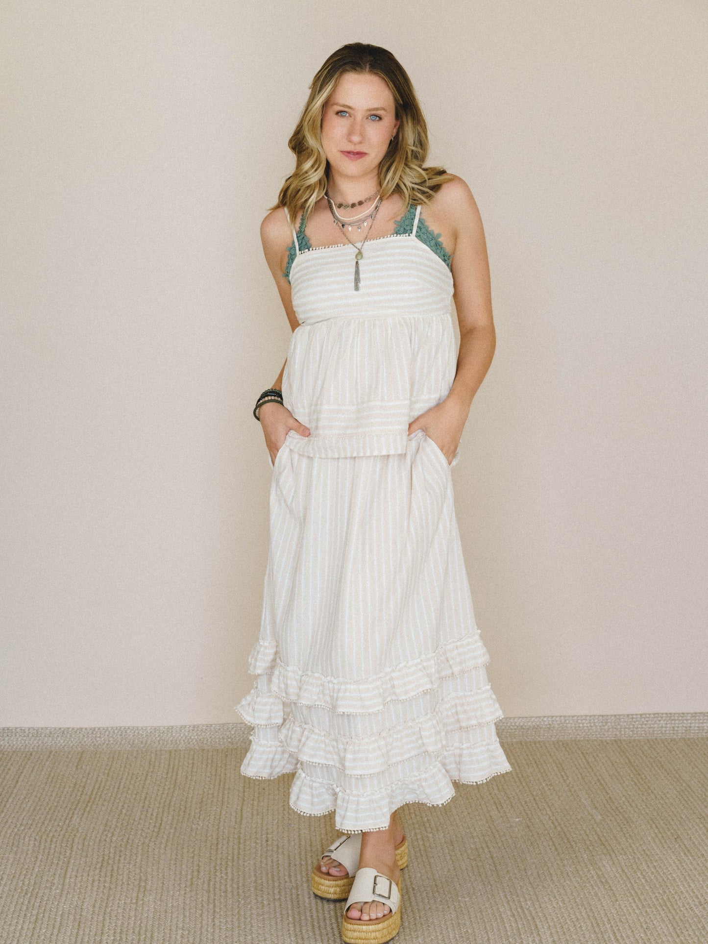 Freya Striped Ruffle Trim 2 Piece Set - Latte