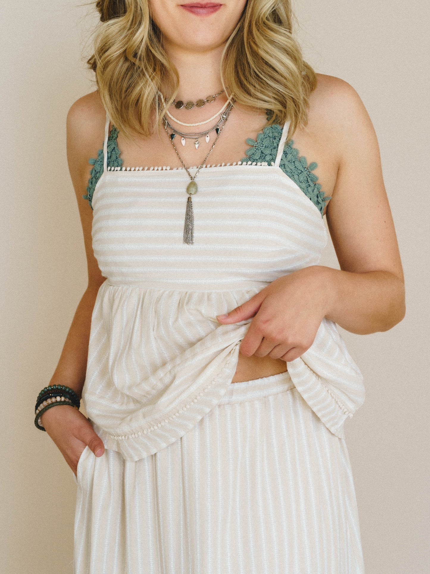 Freya Striped Ruffle Trim 2 Piece Set - Latte