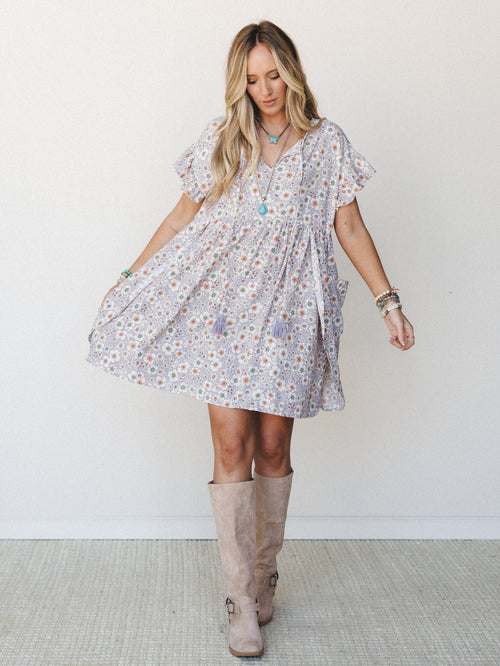 The Nest Stasia Printed Tulip Dress - Lavender