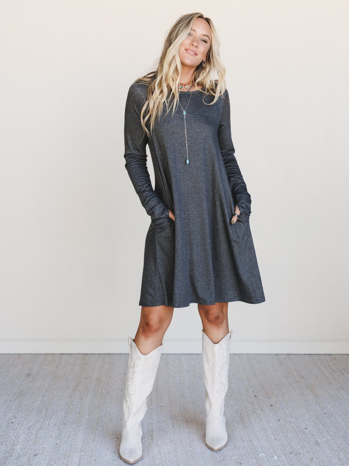 The Nest Jake Long Sleeve Crewneck Dress - Charcoal
