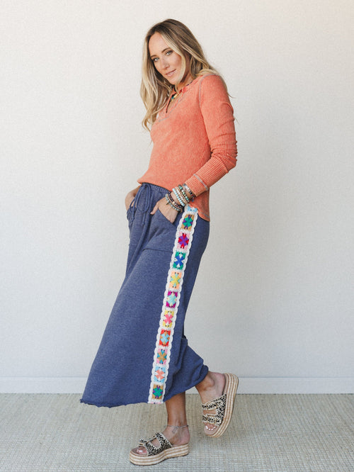 The Nest Love Seeker Crochet Panel Maxi Skirt - Heather Navy
