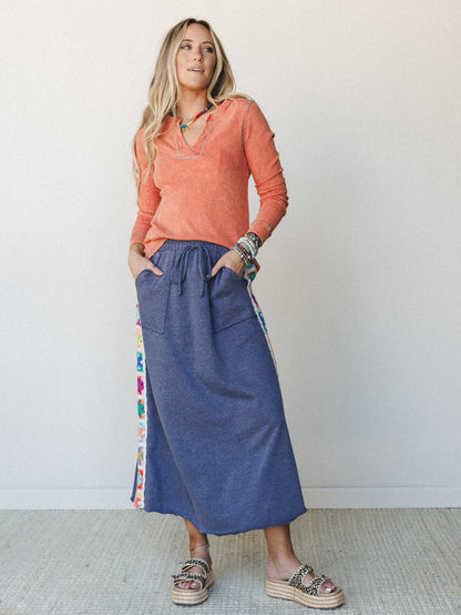 The Nest Love Seeker Crochet Panel Maxi Skirt - Heather Navy