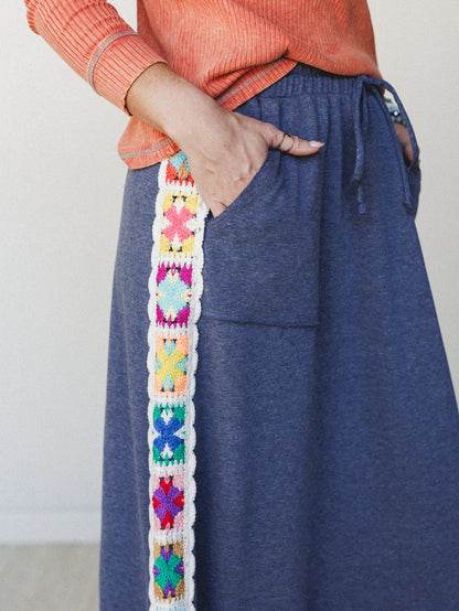 The Nest Love Seeker Crochet Panel Maxi Skirt - Heather Navy