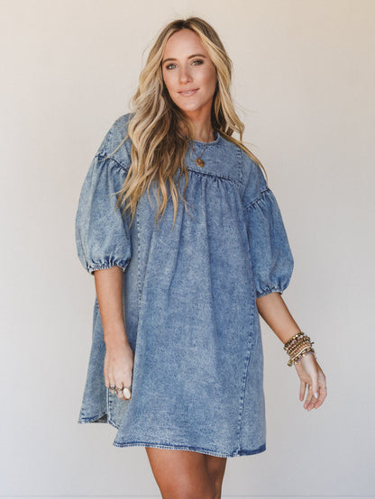 Denim Lover Puff Sleeve Dress - Indigo
