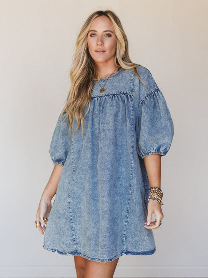 Denim Lover Puff Sleeve Dress - Indigo