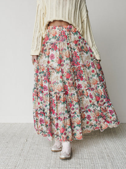 Floral Maiden Maxi Skirt - Cream Pink