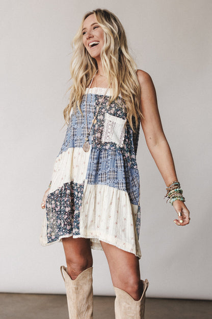 Golden Fields Patchwork Dress - Blue