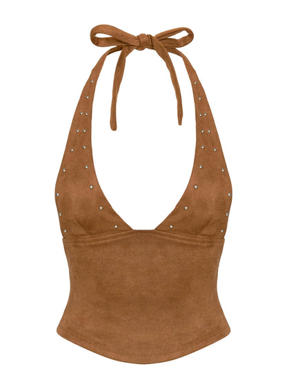 Upgraded Stud Detail Faux Suede Top Brown