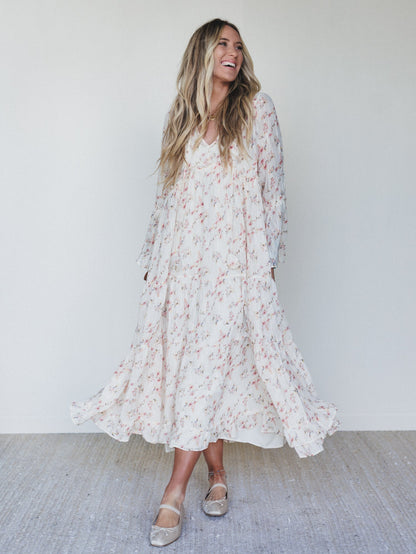 Vintage Petals Tiered Flare Maxi Dress - Cream Multi