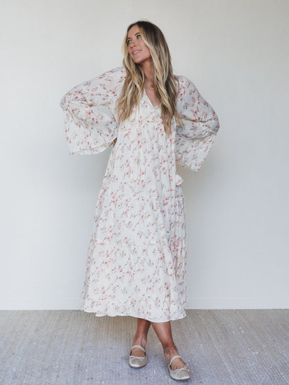 Vintage Petals Tiered Flare Maxi Dress - Cream Multi