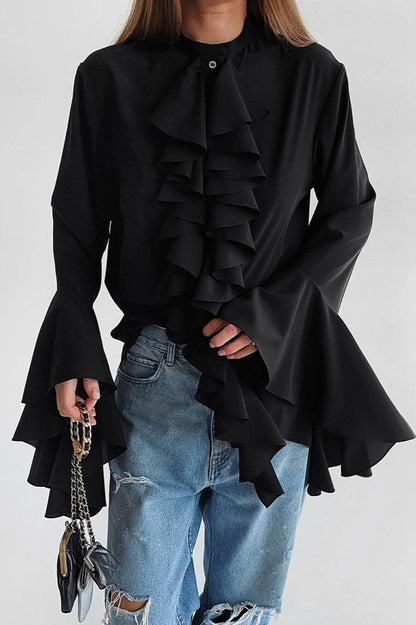 Elegant Ruffle Trim Button Blouse