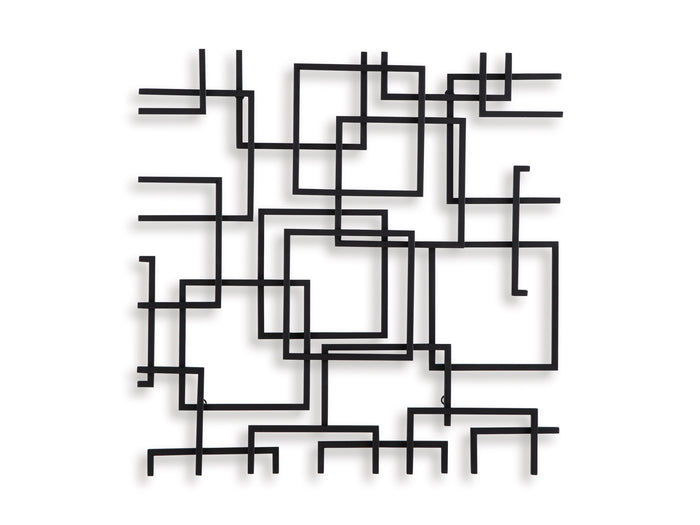 Abstract black wall decor featuring layered squares and short bar line details