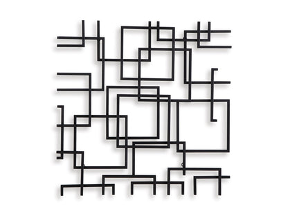 Abstract black wall decor featuring layered squares and short bar line details