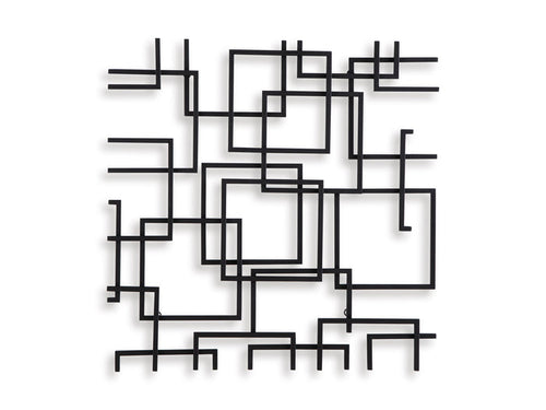 Abstract black wall decor featuring layered squares and short bar line details