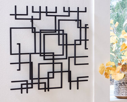 Abstract wall decor with black geometric square and line metal pieces