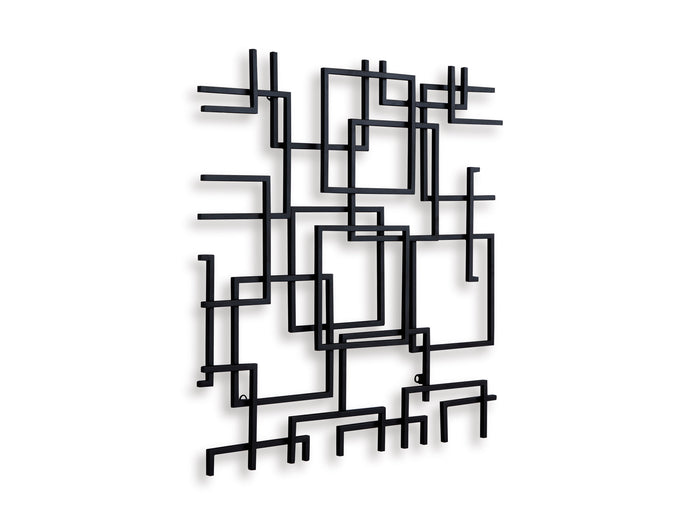 Abstract geometric wall decor in black, with layered square and bar metal lines