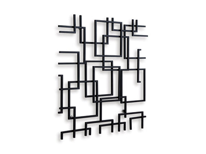 Abstract geometric wall decor in black, with layered square and bar metal lines