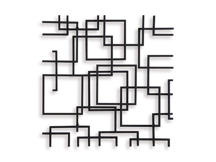 Black geometric wall decor with layered square outlines and line bar accents