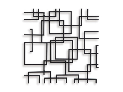Black geometric wall decor with layered square outlines and line bar accents