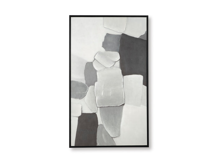 Framed abstract wall art featuring layered light gray and white cube shapes