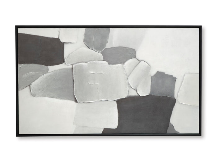 Landscape framed abstract wall art with overlapping light gray and white cube shapes