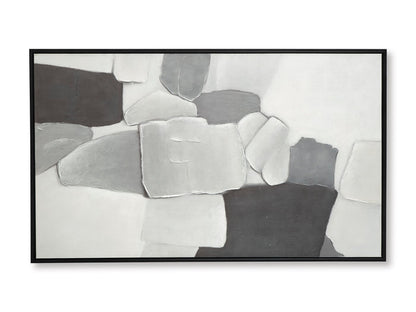 Landscape framed abstract wall art with overlapping light gray and white cube shapes