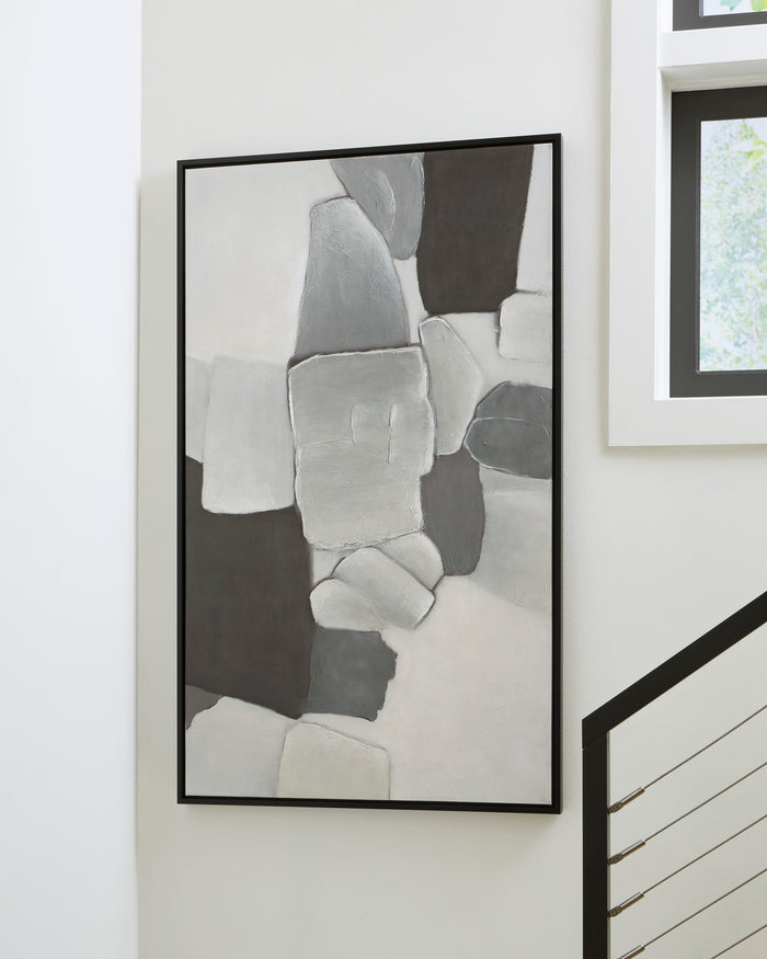 Framed abstract wall art with light gray and white geometric blocks