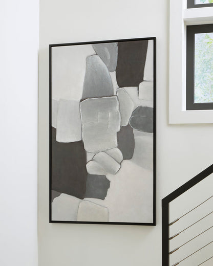 Framed abstract wall art with light gray and white geometric blocks