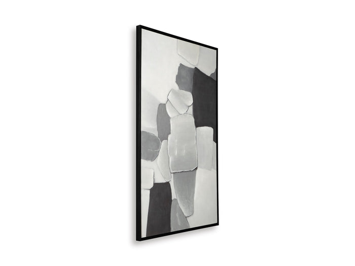 Vertical framed abstract wall art with stacked light gray blocks