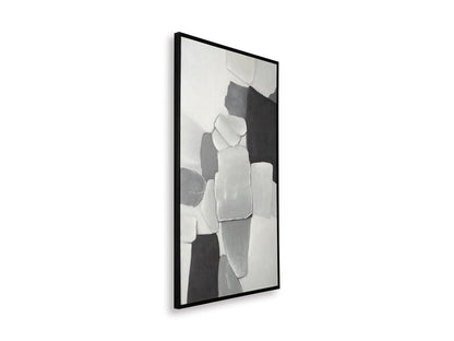 Vertical framed abstract wall art with stacked light gray blocks