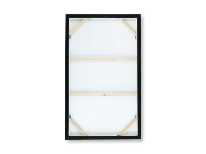 Framed wall art with clear mat and corner supports, black frame