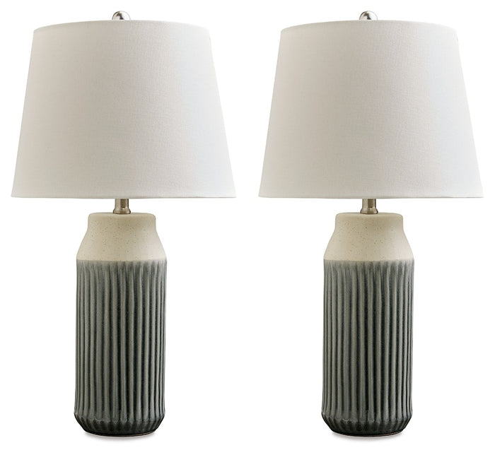 Set of 2 table lamps with white fabric shades and ribbed dark gray ceramic bases