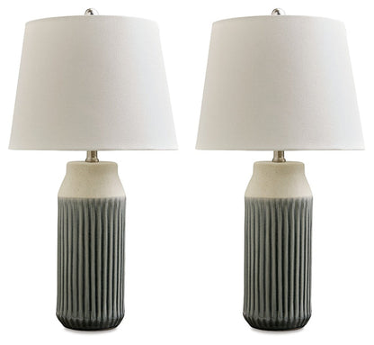 Set of 2 table lamps with white fabric shades and ribbed dark gray ceramic bases