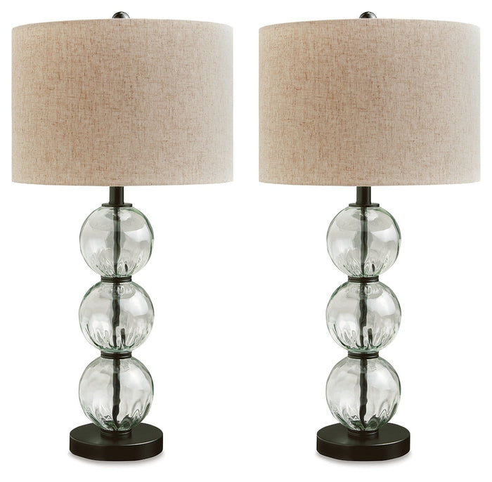 Set of 2 table lamps with beige fabric shades and clear stacked glass bases