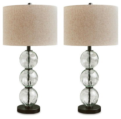 Set of 2 table lamps with beige fabric shades and clear stacked glass bases