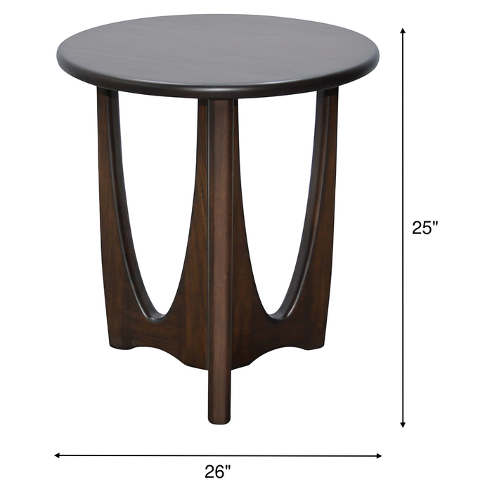 Round end table with dark wood pedestal base, 25 in high and 26 in wide.