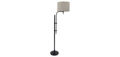 Black floor lamp with beige drum fabric shade and round base