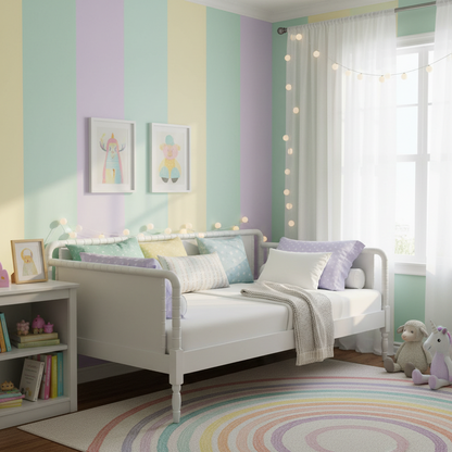 A white wooden daybed styled in a pastel-colored children's bedroom with pastel striped walls, a small white side table, string lights, and a rainbow-patterned rug.