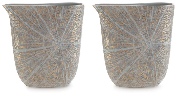Pair of 14-inch textured vases in light blue with gold pattern, rounded shape