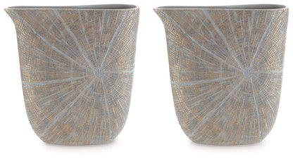 Pair of 14-inch textured vases in light blue with gold pattern, rounded shape