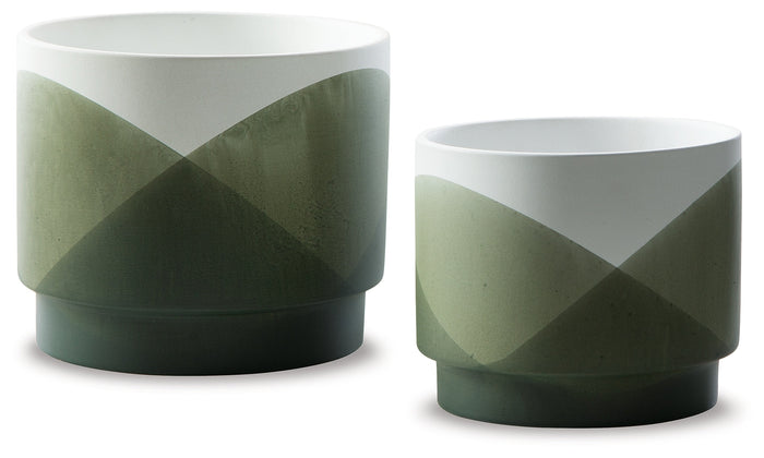 Set of 2 cylindrical planters, white top with dark green base and diagonal pattern