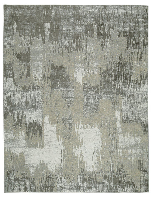 Abstract distressed area rug with light gray and ivory pattern, flat-weave look