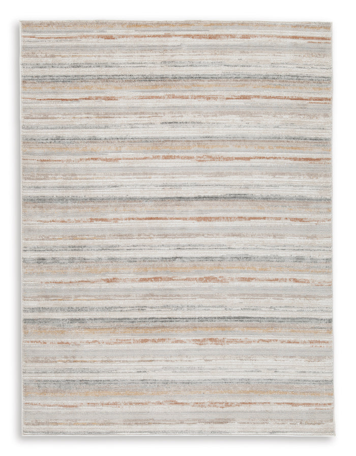 Light gray and cream striped area rug with thin tan lines and border