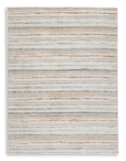 Light gray and cream striped area rug with thin tan lines and border