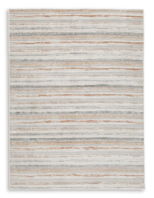 Light gray and cream striped area rug with thin tan lines and border